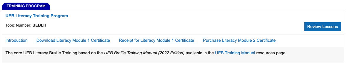 Image showing the review lessons button in the UEB Literacy Training Program dashboard tile.